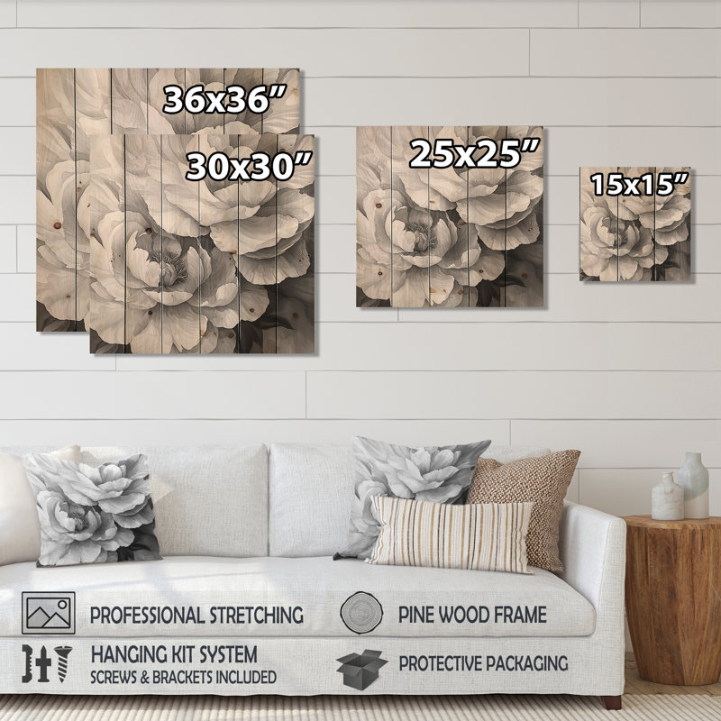 Peonies In Monochrome Layers I - Peonies Wood Print - On Natural Pine Wood, 25" H x 25" W x 0.78" D