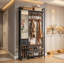 Open Wardrobe with Mirror And Shoe Storage - Coat Rack with 9 Hooks 2 Drawers And Adjustable Shelf