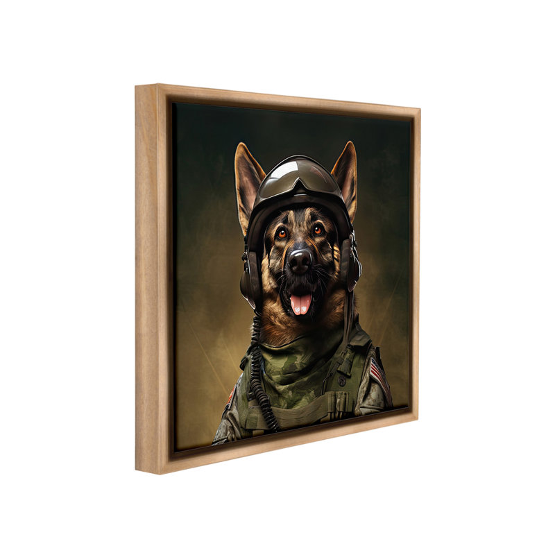 "Berger allemand en uniforme" par Jim Baldwin sur toile, Cadre flottant orme Montalcino, H 18 po x l 18 po