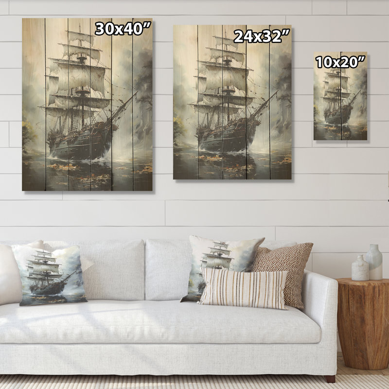 «Stormy Seas Corsairs Pirate Ghost Ship I», art sur bois de pin naturel, H 32 po x l 24 po