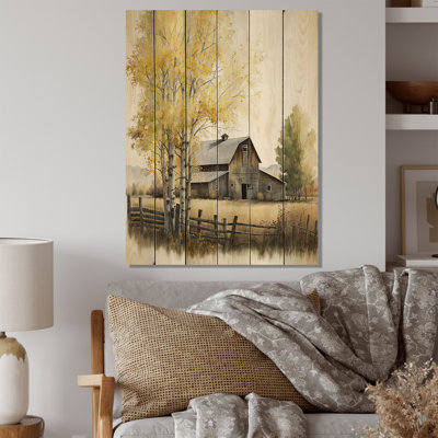 Grange jaune au printemps IV - impression sur bois sans cadre
