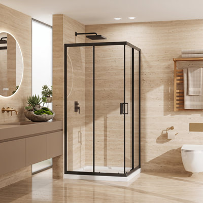 Corner Sliding Shower Door Black Aluminum Frame Clear Tempered Glass
