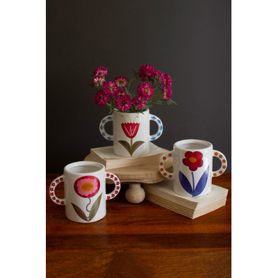  Double Handle Ceramic Vases 5.5"H – Multi Color Glazed Decorative Accent 2 X Set of 3
