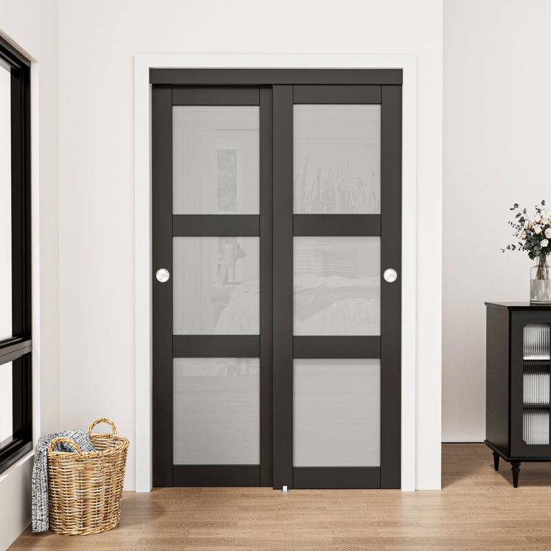 Porte coulissante 80 po avec garde-corps en verre givré noir avec ensemble de quincaillerie tout compris, 48" x 80"
