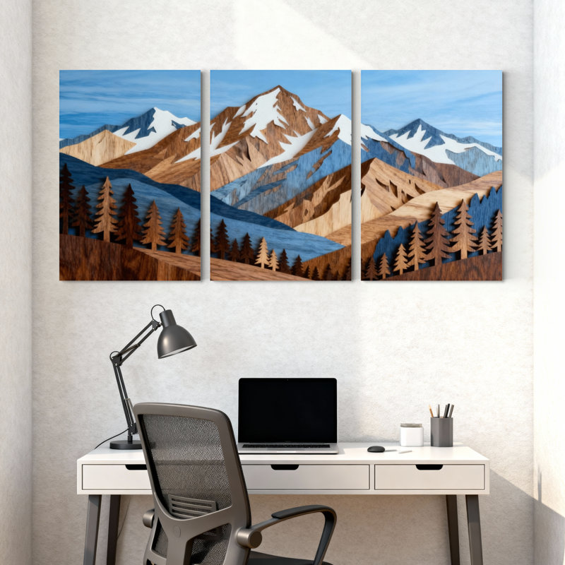 Paysage et paysage de montagne avec 3 sommets enneigés et pins, ensemble de 3 impressions sur toile, H 18 po x l 36 po