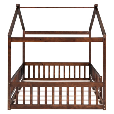Structure de lit pleine grandeur en noyer, avec clôture pour, construction en pin, aire de jeu et de sommeil, adolescents en bois de noyer semi-fermés, clôture, pin stable, espace de repos