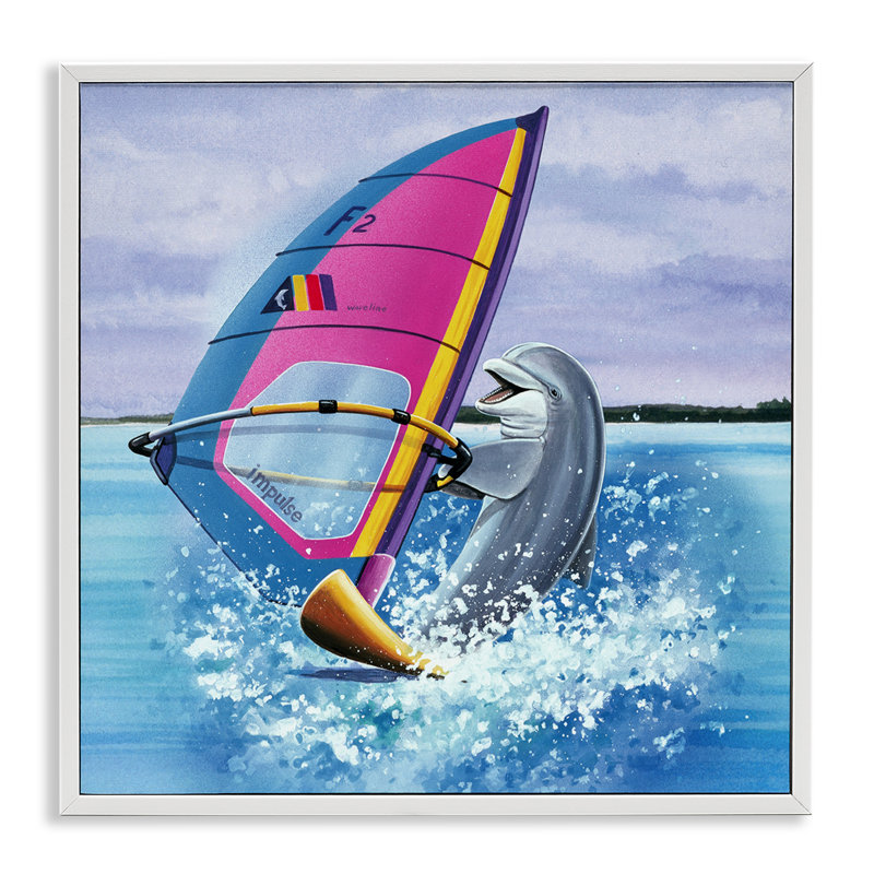 «Wind Surfer Dolphin», estampe numérique de Art Brands, LLC., Estampe numérique encadrée blanc bord de mer, H 17 po x l 17 po