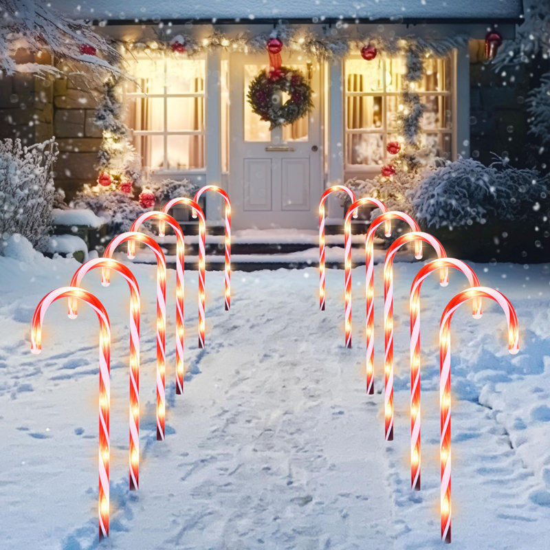 16" Christmas Candy Cane Pathway Markers Lights, 12 Warm White Lights