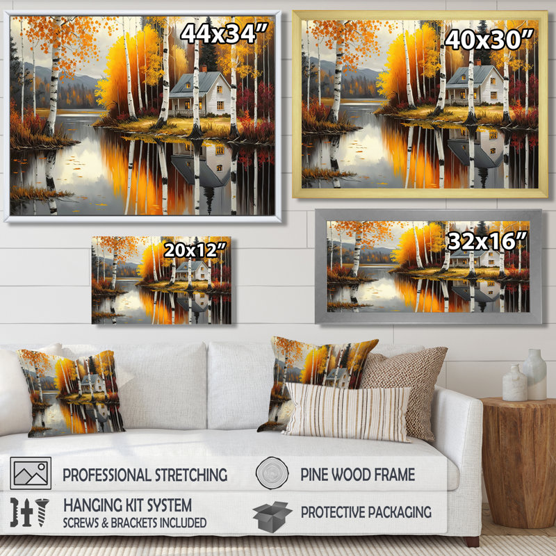 «Cabin by the Lake in Summer IV», reproduction sur toile, Cadre simple noir, H 12 po x l 20 po x P 1 po