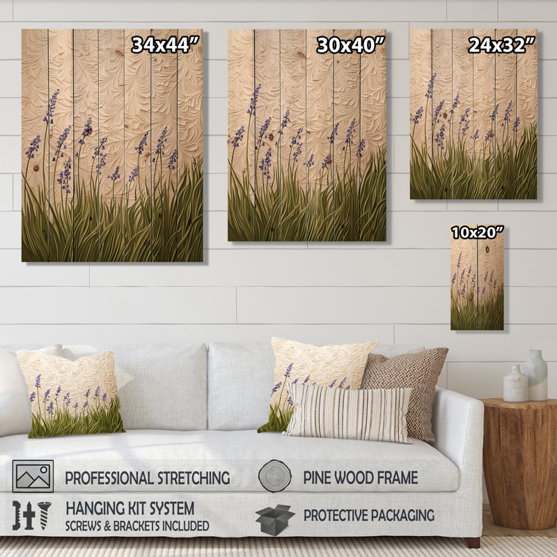 «Bluebell Forest I», art mural en bois de lis sur bois de pin naturel, H 20 po x l 10 po x P 0,78 po