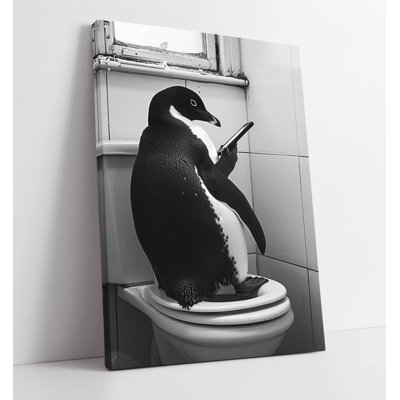 Penguin sitting on toilet looking at a phone art Canvas Wall Art Print