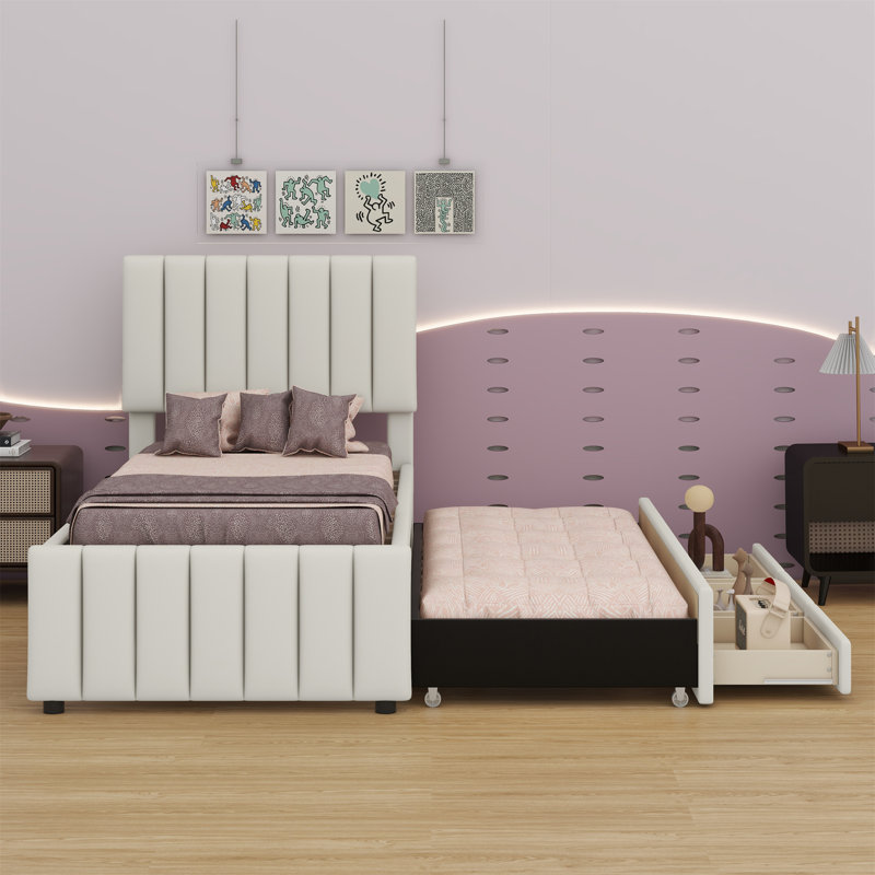Lit simple avec lit gigogne escamotable et 3 tiroirs de rangement en dessous, lit plateforme simple tapissier en lin, Beige