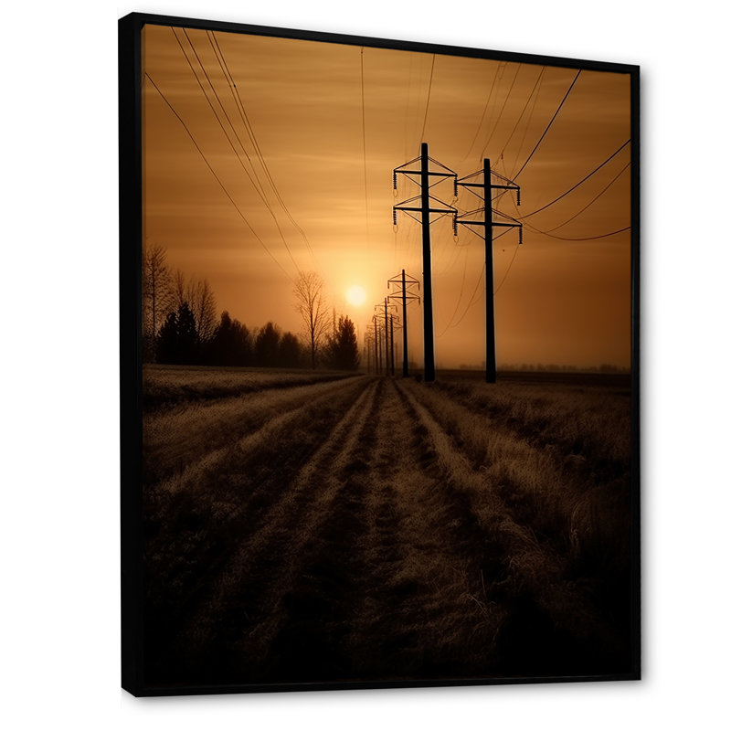 «Power Lines Minimalisme Scenery Sunset I», reproduction sur toile, Cadre flottant noir, H 44 po x l 34 po x P 1,5 po