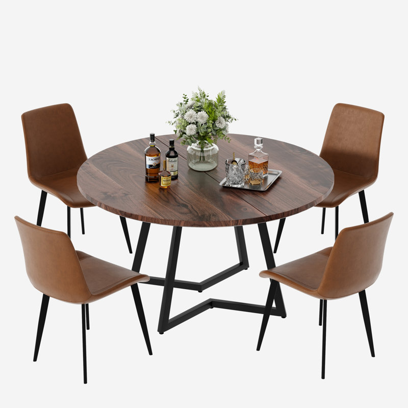 Mid Century Round Dining Table Sets, Brown, Walnut, 5