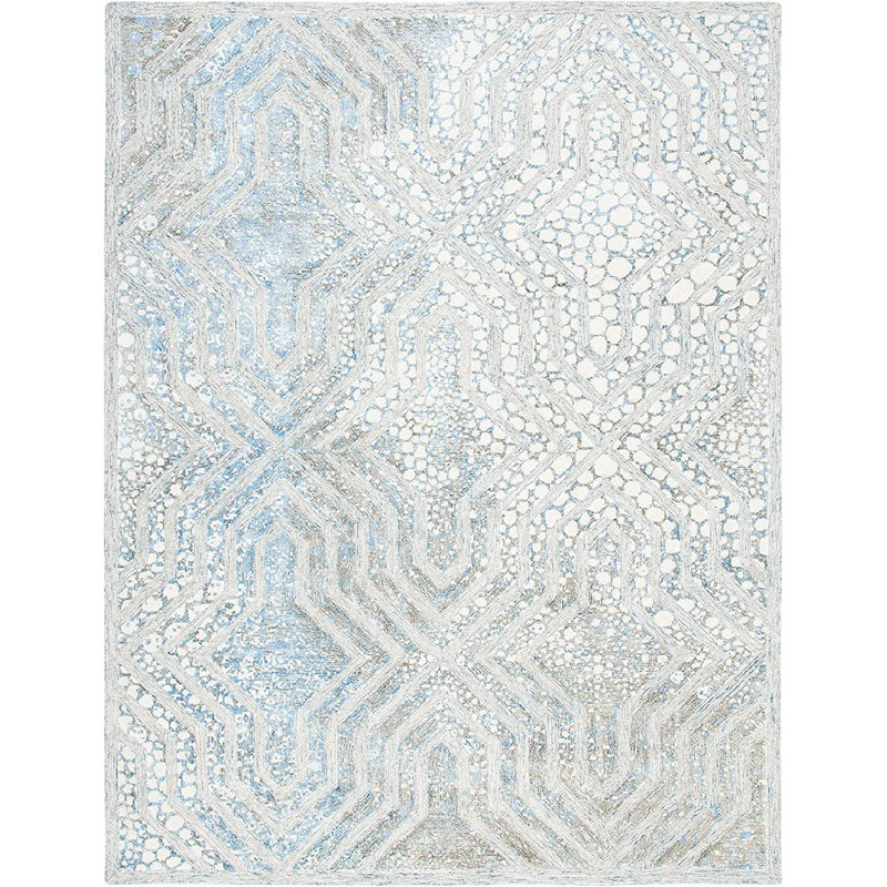 Restoration Vintage Hand Tufted Wool/Viscose Pile Geometric Rug in Blue/White, Rectangle 8' x 10'
