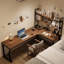 Bureau en fer massif en forme de L brun noyer + noir-2103132931
