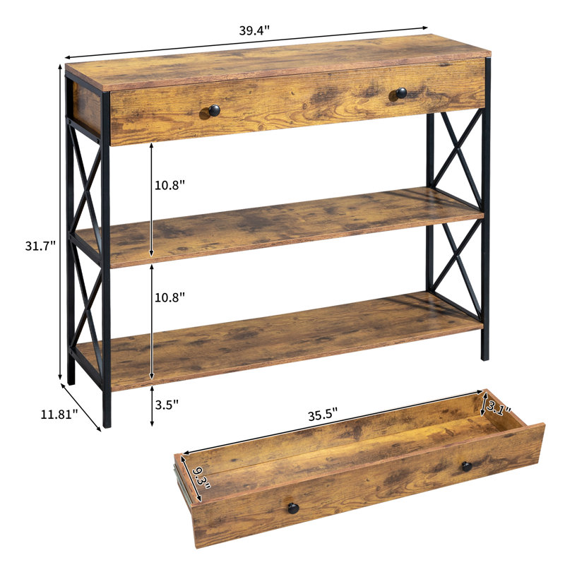 39.37in Side Frame Double X Cross with Single Large Drawer Particle Board Iron Frame Vintage Brown Panel Black Frame Entryway Table