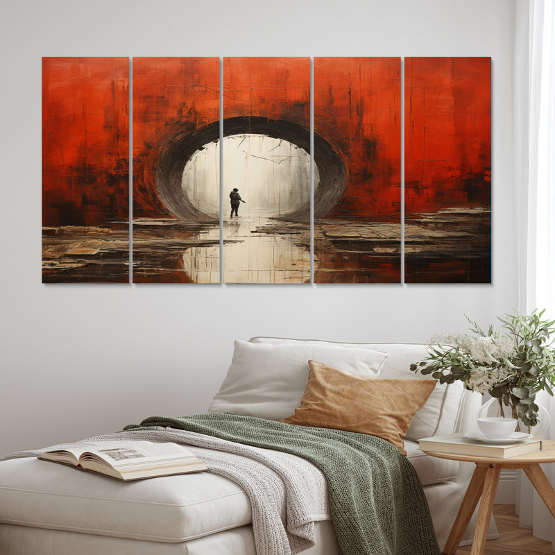 Tunnel abstrait en béton rouge - reproduction d'art sur toile - 5 panneaux égaux