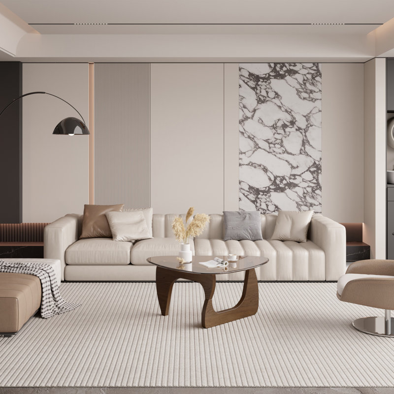 Modern Triangle Coffee Table, Tempered Glass Top & Curved Wooden Base for Living Room, Walnut, Brown Glass