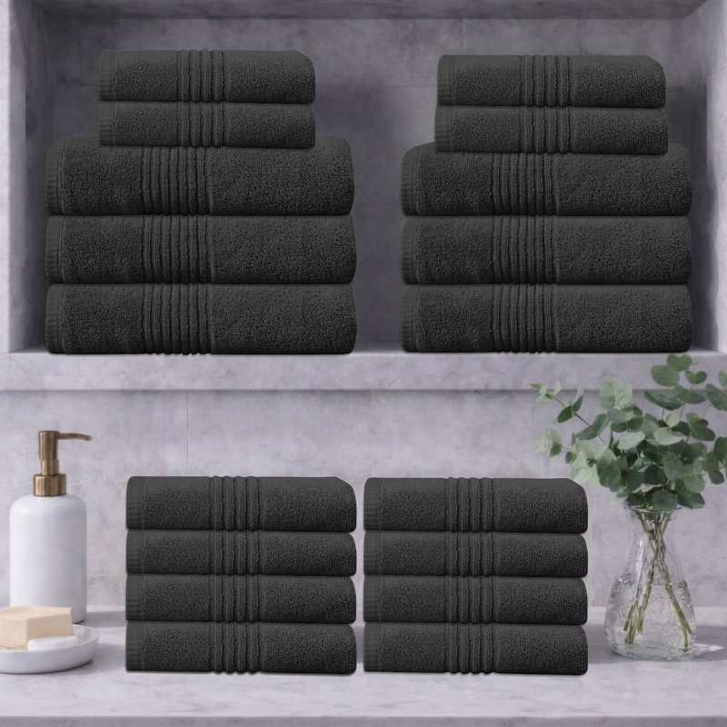 Ensemble de serviettes de bain 100% coton Phoebe 500 g / m² zéro absorbant Home Weavers, 16 po x 24 po (12), 27 po x 54 po (6) (6 serviettes de bain, 12 serviettes de bain), noir