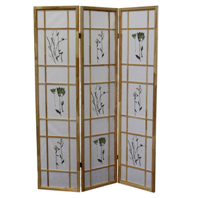 Paravent traditionnel asiatique de 178 cm de haut pour 3 pièces, en pin massif naturel avec motif floral, sérigraphie et finition de 127 cm de large x 178 cm de hauteur, en pin.