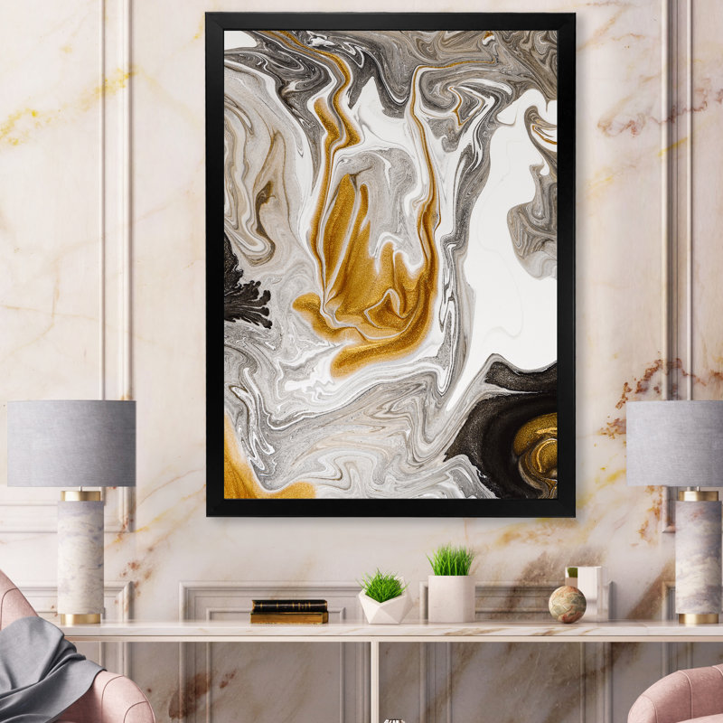 Vague de marbre doré et noir V - peinture sur toile, H 40 po x l 30 po x P 1,5 po, Cadre noir