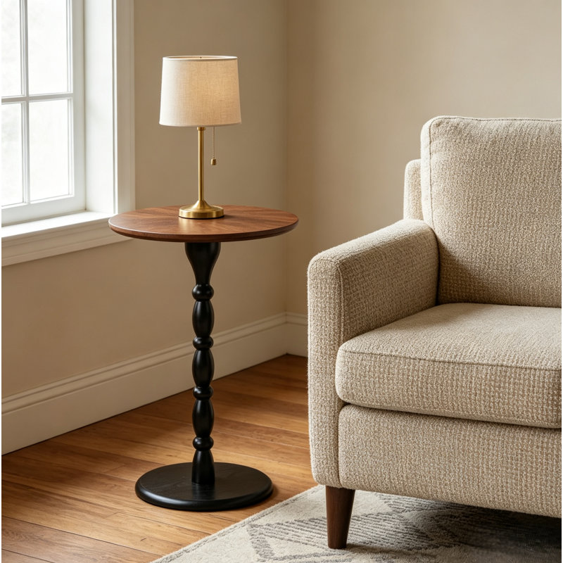 Table d'appoint ronde de 60 cm de hauteur, plateau en placage de bois massif et piètement noir