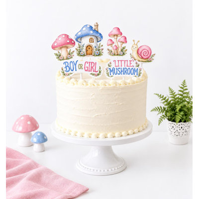 Little Mushroom Gender Reveal Cake Decorations, Pink Blue Toadstool Boy or Girl Woodland Paper Toppers, Set of 6