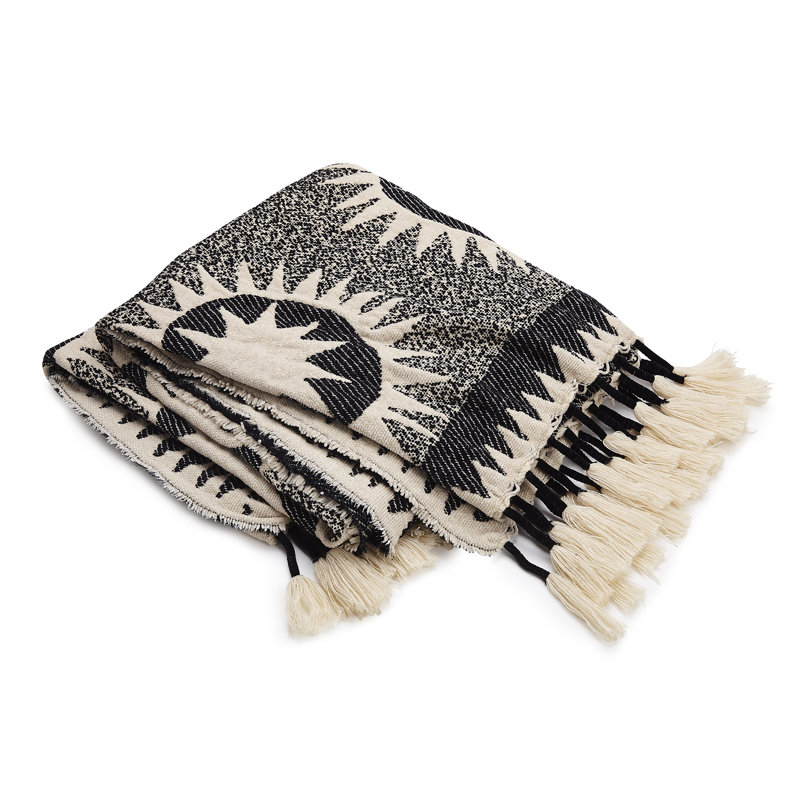 Soleil Cream and Black Polyester Acrylic Throw Blanket with Tassels