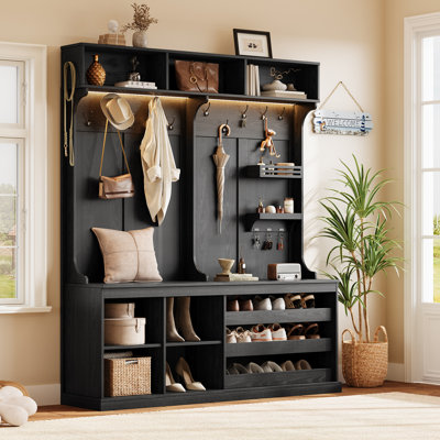 Grand portemanteau 70 po avec banc et tablettes de rangement réglables, banc d'entrée 6-en-1 de ferme avec porte-manteau, rangement supérieur, petites tablettes pour le vestibule, salon, lumières à DEL, noir