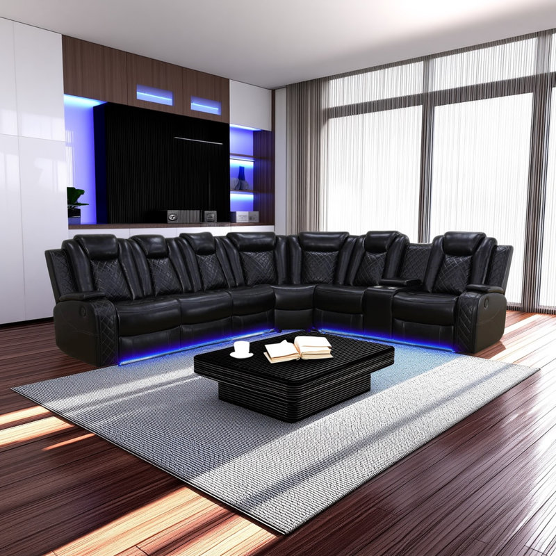 Canapé modulaire inclinable manuel en cuir 3 pièces avec lumière DEL, Similicuir noir