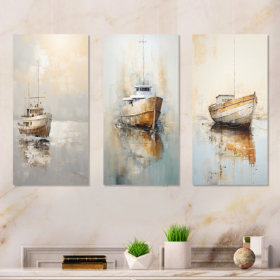 Minimalism Fishing Boat Horizon - Coastal Boat Metal Art Print Set Of 3