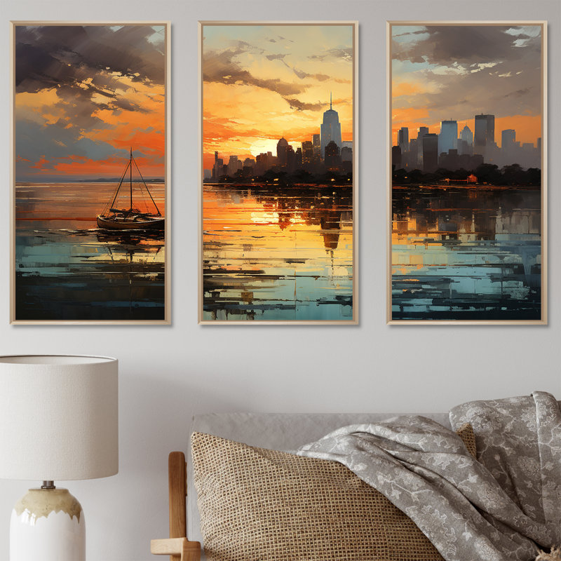 Modernism Urban Skyline I - Ensemble de décorations murales ciel, H 40 po x l 60 po x P 1 po, Cadre naturel flottant