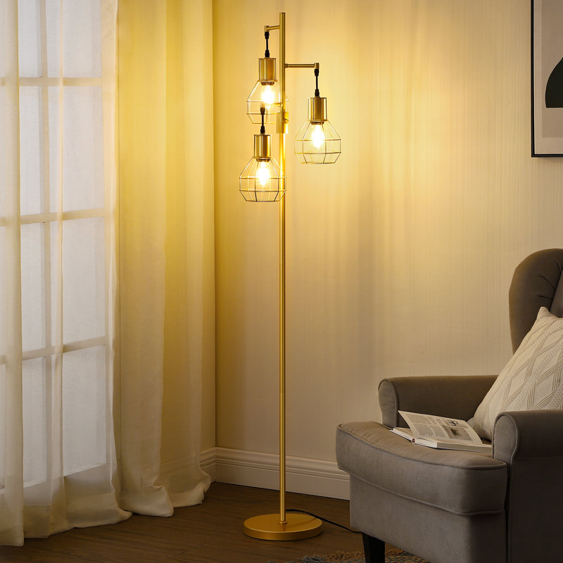 Lampe sur pied à intensité variable 65 po avec 3 ampoules Zakaria, Doré