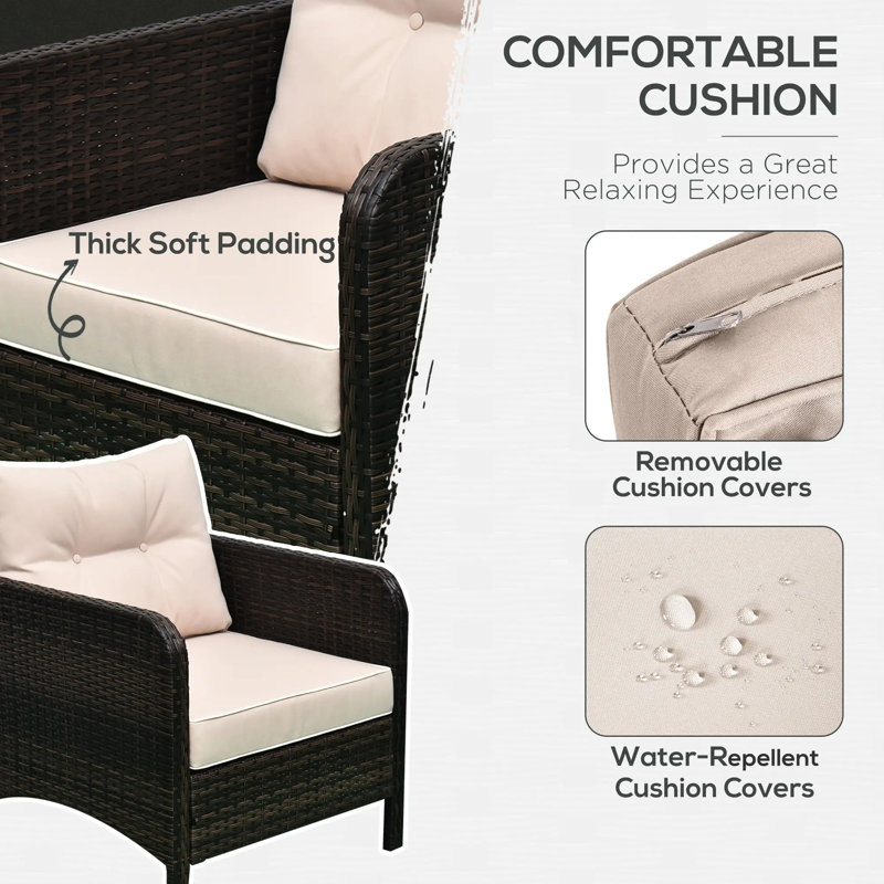 Ensemble de conversation extérieur en rotin tressé de 5 pièces avec 2 chaises longues rembourrées, Brun
