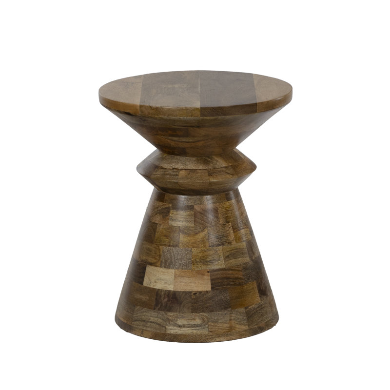 Table d'appoint ronde fabriquée à la main en bois de manguier - finition naturelle, patchwork, table d'appoint rustique