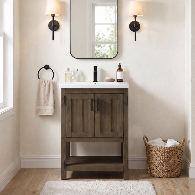 Ensemble de meuble-lavabo simple autoportant 24 po avec plateau en céramique Larangera, Cocoa Brown