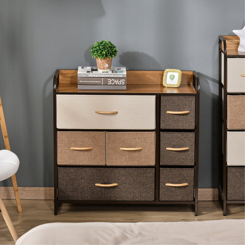 Commode à 7 tiroirs, tour de rangement en tissu à 3 niveaux avec structure en acier, commode supérieure en bois pour entrée de chambre à coucher, érable