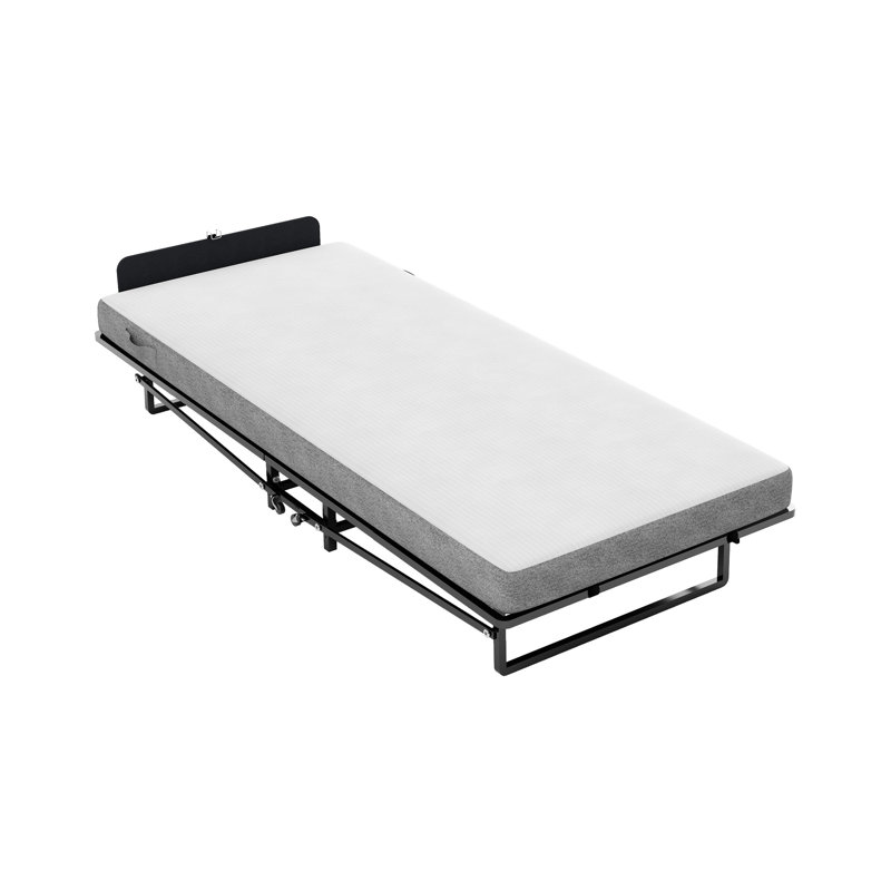 Structure de lit pliante en métal avec matelas en mousse, 4 roulettes pour faciliter la mobilité, rangement à profil mince, chambre à coucher et chambre d'amis noir, mouvement à roulement à haute densité, bon dortoir