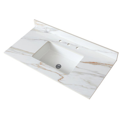 Plan de toilette en marbre blanc de Carrare veiné, 43 po, avec lavabo rectangulaire encastré et dosseret de 4 po de hauteur, pré-percé pour robinetterie (entraxe de 8 po).