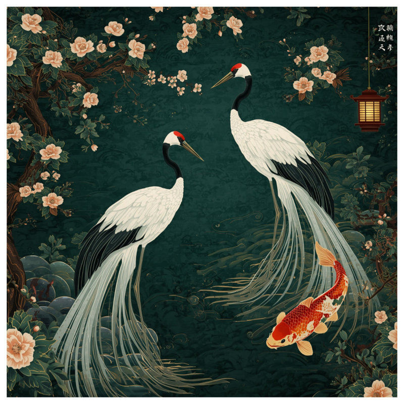 Housses de couette Cranes Koi Flowers, Queen
