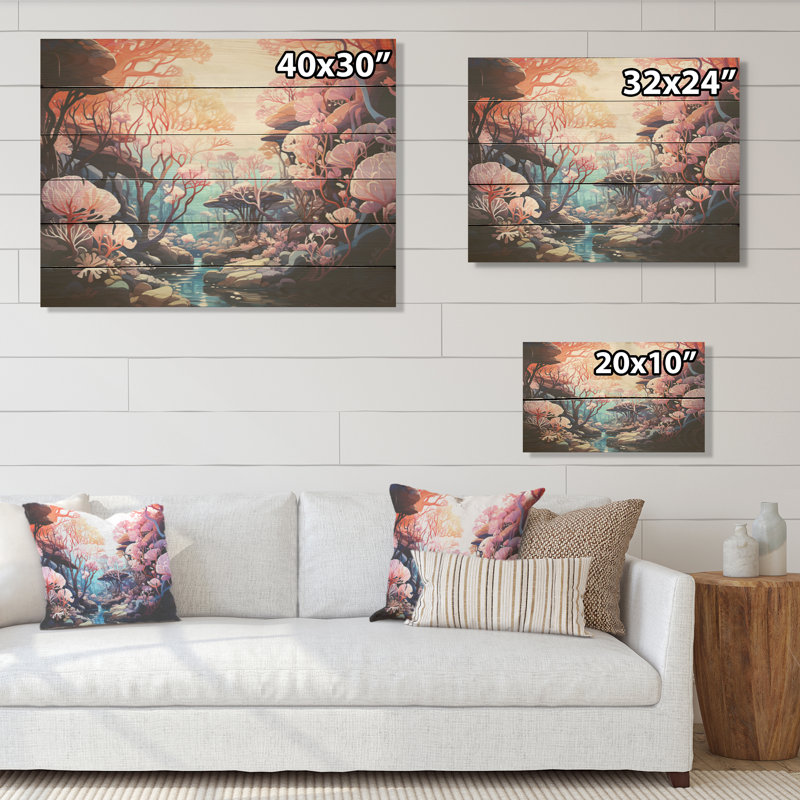 Magnifique paysage sous la mer - corail côtier sous l'eau, art mural sur bois de pin naturel, H 24 po x l 32 po