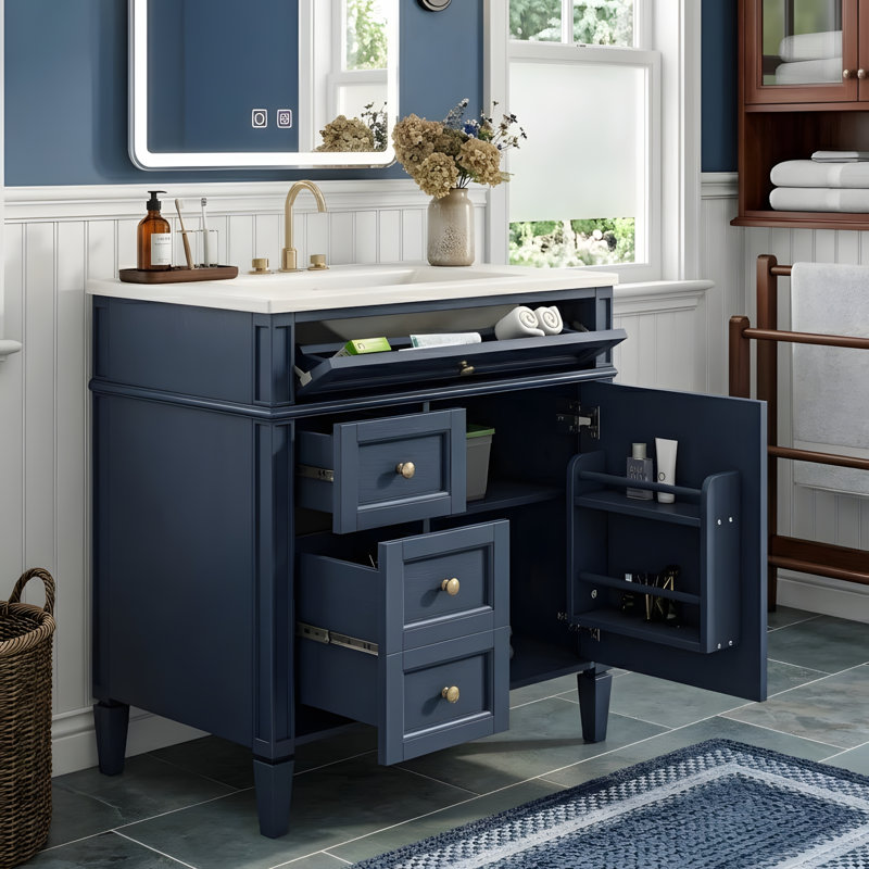Meuble-lavabo de 30 po avec lavabo en céramique, Gold, Navy Blue