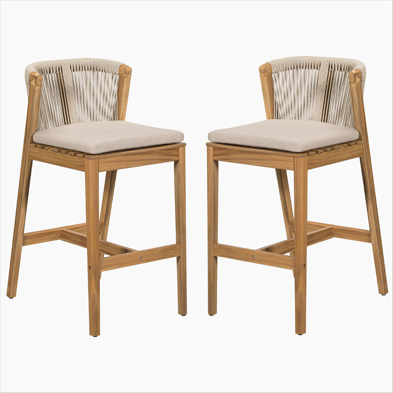 Ensemble de 2 tabourets de bar en bois de teck avec coussin beige Louie