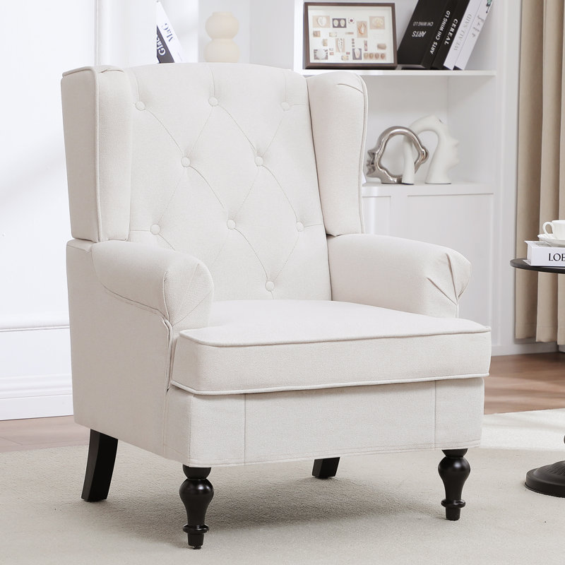 Upholsterd Wingback Armchair, Beige Linen Blend