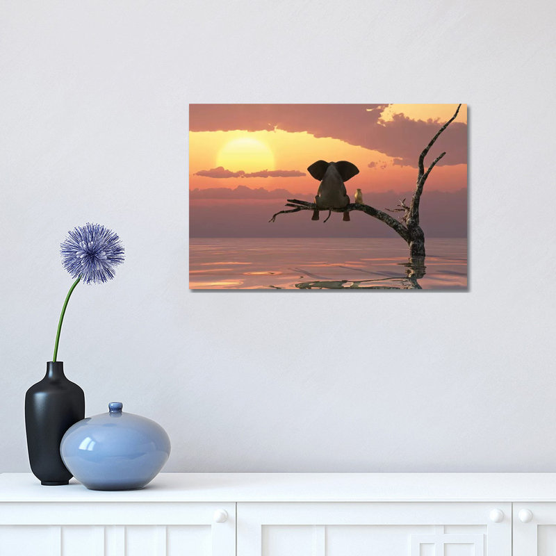 Elephant And Dog Sit On A Tree During A Flood by Mike Kiev - Print on Canvas, 30.48 cm H x 45.72 cm W, Wrapped Canvas