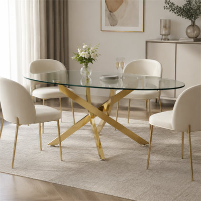 Clear Glass and Gold 39.47-Inch Oval Coffee Table with Tempered Glass Top, Modern Metal Cross Base Center Table for Living Room