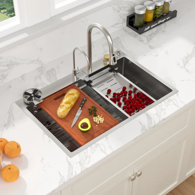 33" L x 22" W Drop-In Waterfall Kitchen Sink Single Bowl 304 Stainless Steel Workstation with Waterfall Faucet Combo and Cup Sprayer