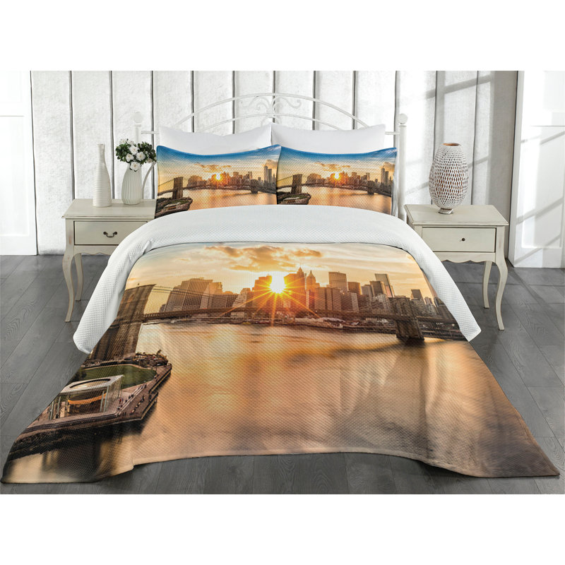 King Size White Microfiber Quilted Bedspread Set with Cityscape Design