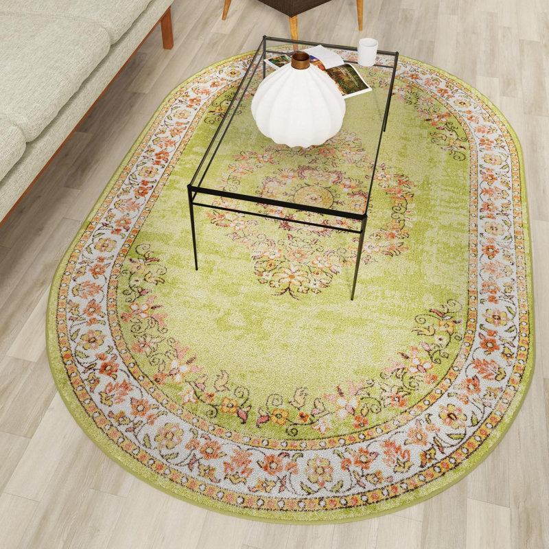 Oriental Green Area Rug, Oval 6'1" x 9'